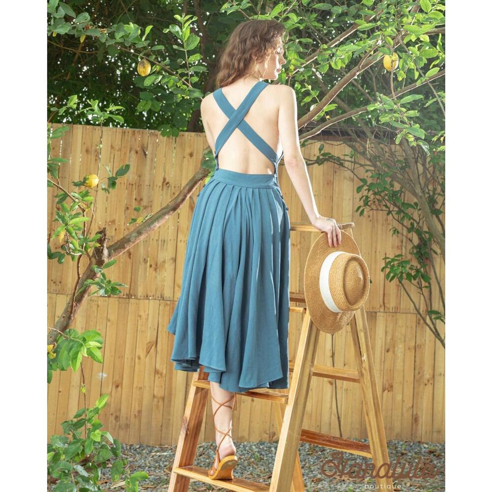 (SOLD) HANALULU Handmade Linen Apron Pinafore Dress in Stone Blue